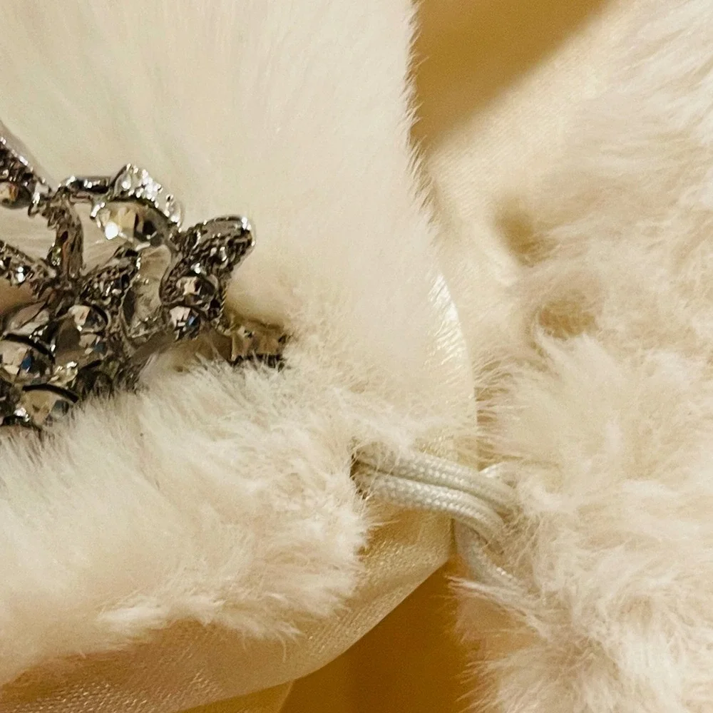 Ivory Faux Fur Bridal Shawl Wrap with Rhinestone Brooch Satin Lined Stole Ivory